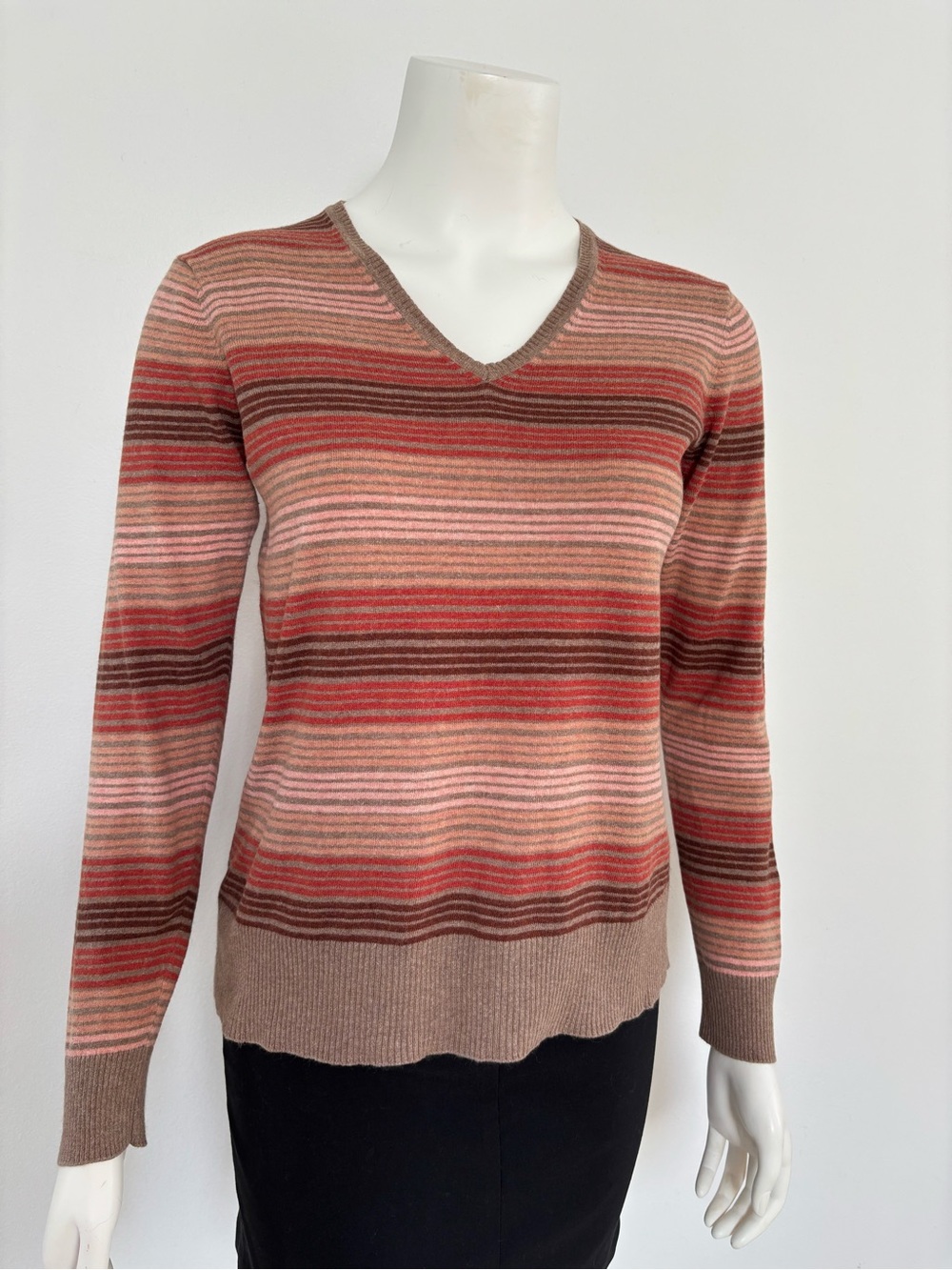 Liz Claiborne Cashmere Cotton Striped V-Neck Sweater in Pink and Brown Tones
